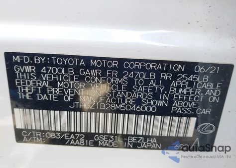 2021 Lexus Is 350 F Sport из США, поврежденный, VIN JTHGZ1B28M5046000